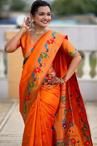 orange  faux banarasi silk blend saree with paithani rich weaved pallu and blouse