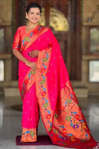 pink green  faux banarasi silk blend saree with paithani rich weaved pallu and blouse