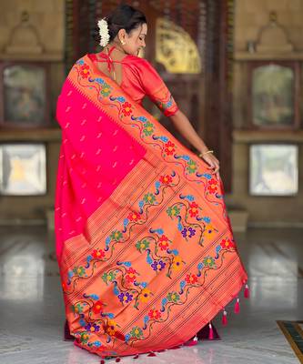 pink green faux banarasi silk blend saree with paithani rich weaved pallu and blouse 2