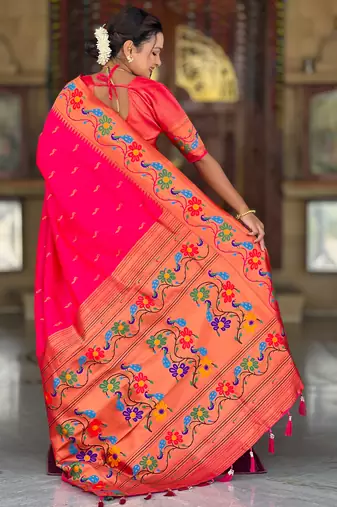 pink green faux banarasi silk blend saree with paithani rich weaved pallu and blouse