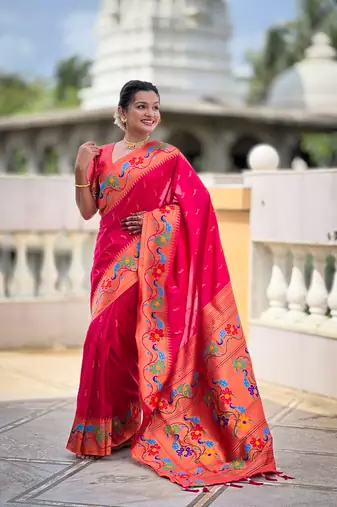 pink green faux banarasi silk blend saree with paithani rich weaved pallu and blouse