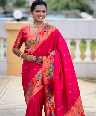 pink green faux banarasi silk blend saree with paithani rich weaved pallu and blouse 4
