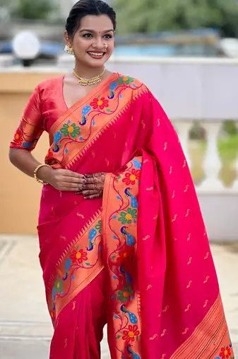pink green faux banarasi silk blend saree with paithani rich weaved pallu and blouse