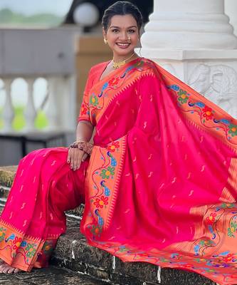 pink green faux banarasi silk blend saree with paithani rich weaved pallu and blouse 5