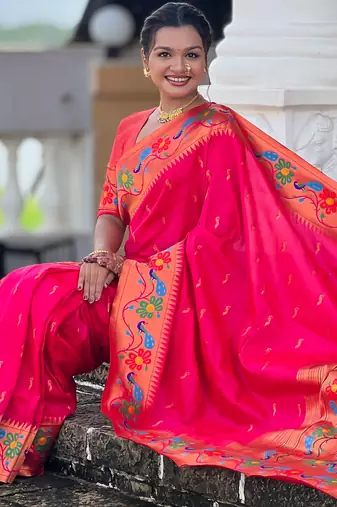 pink green faux banarasi silk blend saree with paithani rich weaved pallu and blouse