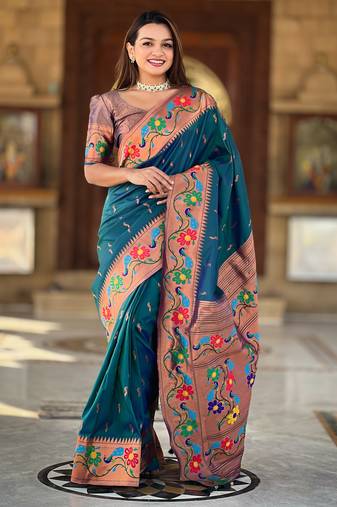 teal blue  faux banarasi silk blend saree with paithani rich weaved pallu and blouse