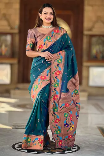teal blue  faux banarasi silk blend saree with paithani rich weaved pallu and blouse