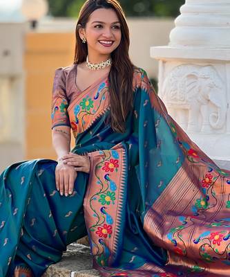 teal blue faux banarasi silk blend saree with paithani rich weaved pallu and blouse 2