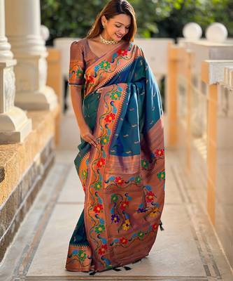 teal blue faux banarasi silk blend saree with paithani rich weaved pallu and blouse 3