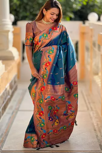 teal blue faux banarasi silk blend saree with paithani rich weaved pallu and blouse