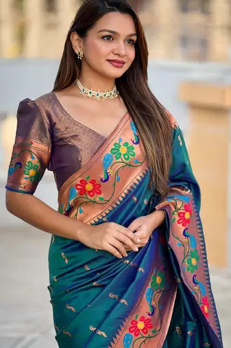 teal blue faux banarasi silk blend saree with paithani rich weaved pallu and blouse