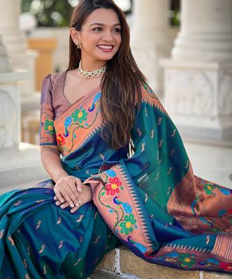 teal blue faux banarasi silk blend saree with paithani rich weaved pallu and blouse 5
