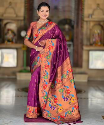 wine faux banarasi silk blend saree with paithani rich weaved pallu and blouse 1