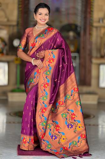 wine faux banarasi silk blend saree with paithani rich weaved pallu and blouse