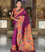 wine faux banarasi silk blend saree with paithani rich weaved pallu and blouse
