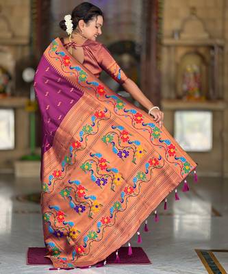 wine faux banarasi silk blend saree with paithani rich weaved pallu and blouse 2