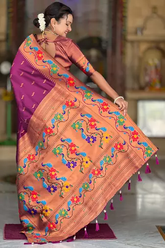 wine faux banarasi silk blend saree with paithani rich weaved pallu and blouse