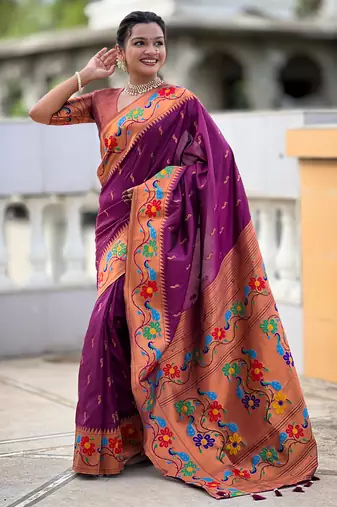 wine faux banarasi silk blend saree with paithani rich weaved pallu and blouse