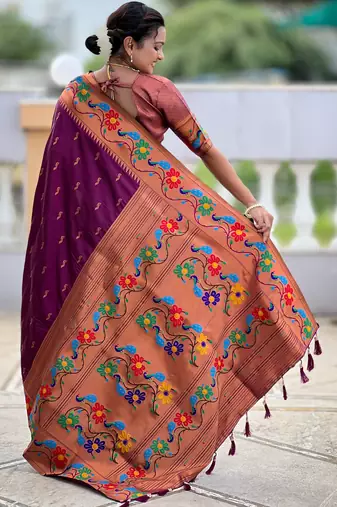 wine faux banarasi silk blend saree with paithani rich weaved pallu and blouse