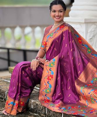 wine faux banarasi silk blend saree with paithani rich weaved pallu and blouse 5