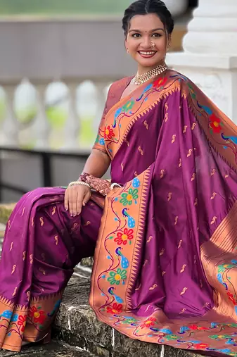 wine faux banarasi silk blend saree with paithani rich weaved pallu and blouse