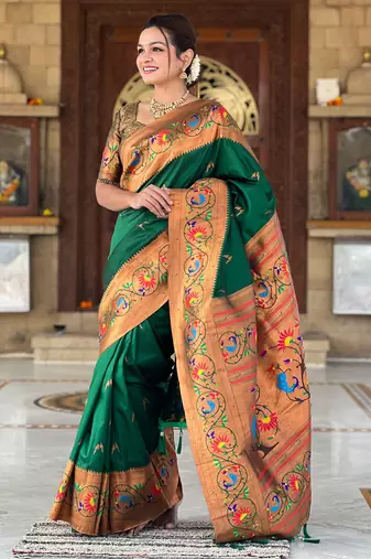 green  faux banarasi silk blend saree with paithani rich weaved pallu and blouse