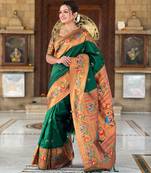 green  faux banarasi silk blend saree with paithani rich weaved pallu and blouse
