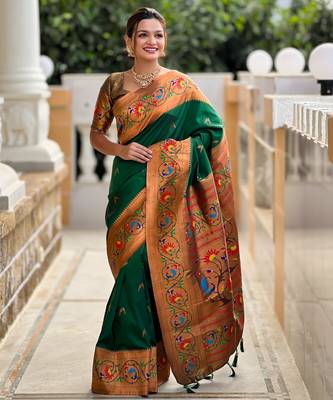 green faux banarasi silk blend saree with paithani rich weaved pallu and blouse 3