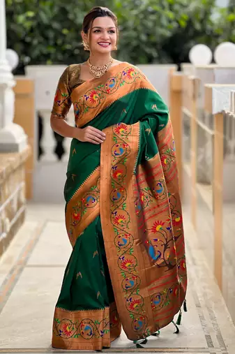 green faux banarasi silk blend saree with paithani rich weaved pallu and blouse