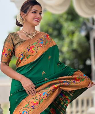 green faux banarasi silk blend saree with paithani rich weaved pallu and blouse 4