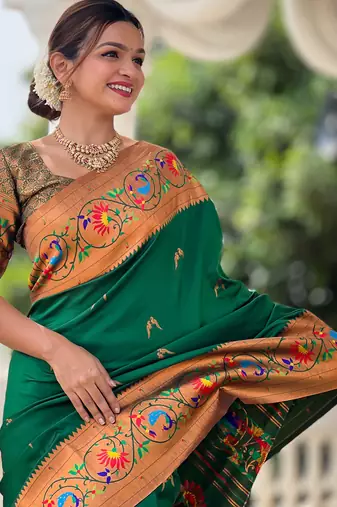 green faux banarasi silk blend saree with paithani rich weaved pallu and blouse