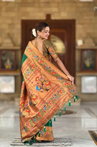 green faux banarasi silk blend saree with paithani rich weaved pallu and blouse