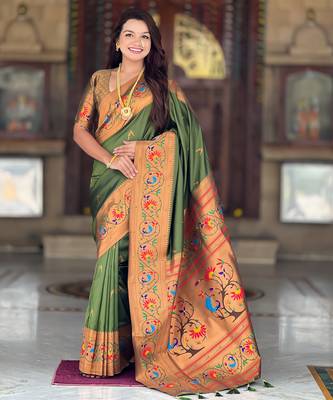 dark_green faux banarasi silk blend saree with paithani rich weaved pallu and blouse 1