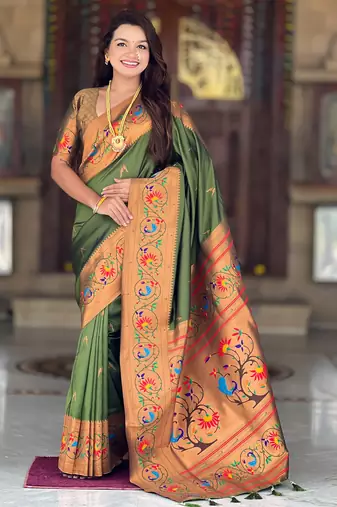 dark_green faux banarasi silk blend saree with paithani rich weaved pallu and blouse