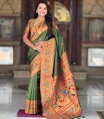 dark_green faux banarasi silk blend saree with paithani rich weaved pallu and blouse