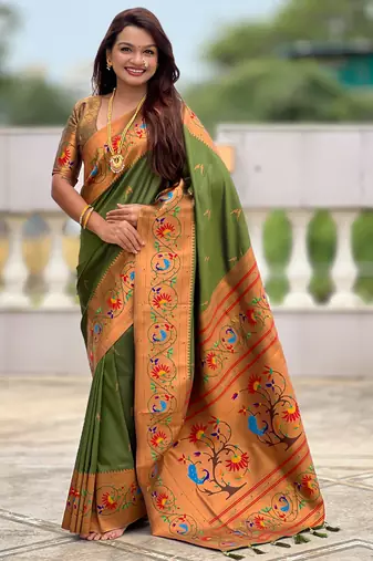 dark_green faux banarasi silk blend saree with paithani rich weaved pallu and blouse