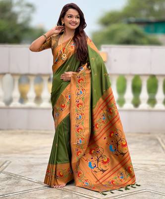 dark_green faux banarasi silk blend saree with paithani rich weaved pallu and blouse 3