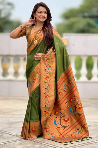 dark_green faux banarasi silk blend saree with paithani rich weaved pallu and blouse