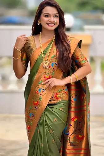 dark_green faux banarasi silk blend saree with paithani rich weaved pallu and blouse