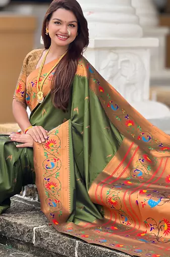 dark_green faux banarasi silk blend saree with paithani rich weaved pallu and blouse