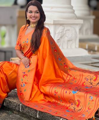 orange  faux banarasi silk blend saree with paithani rich weaved pallu and blouse 1