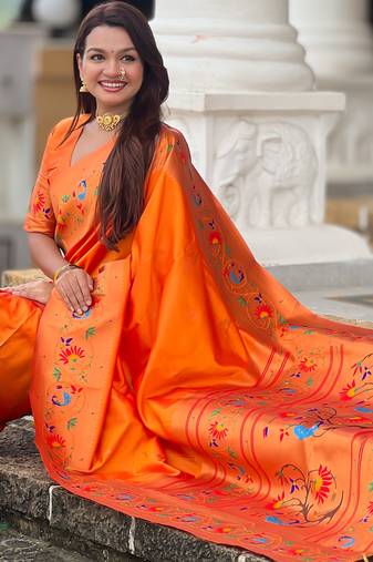 orange   faux banarasi silk blend saree with paithani rich weaved pallu and blouse