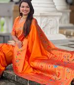orange   faux banarasi silk blend saree with paithani rich weaved pallu and blouse
