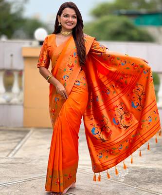 orange  faux banarasi silk blend saree with paithani rich weaved pallu and blouse 2