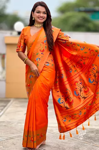 orange  faux banarasi silk blend saree with paithani rich weaved pallu and blouse