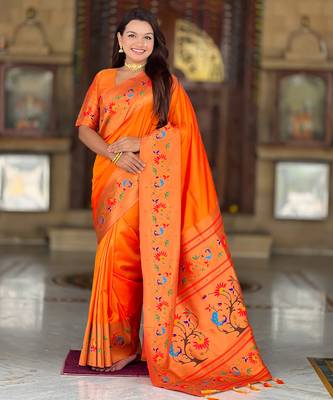 orange  faux banarasi silk blend saree with paithani rich weaved pallu and blouse 5