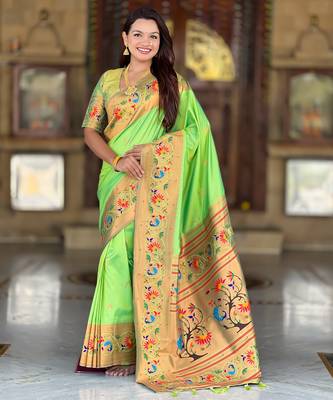 parrot green faux banarasi silk blend saree with paithani rich weaved pallu and blouse 1