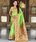 parrot green  faux banarasi silk blend saree with paithani rich weaved pallu and blouse