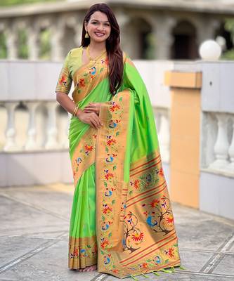 parrot green faux banarasi silk blend saree with paithani rich weaved pallu and blouse 2