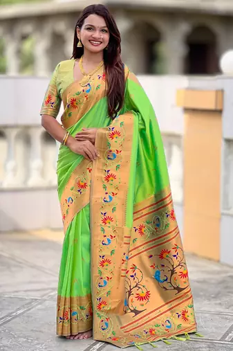 parrot green faux banarasi silk blend saree with paithani rich weaved pallu and blouse
